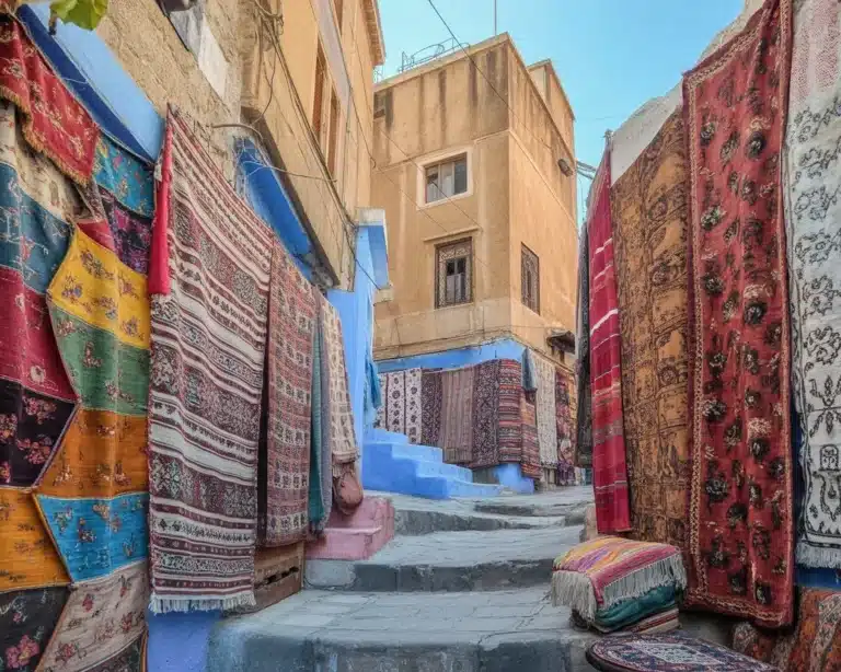 Colorful Moroccan souvenirs like rugs, argan oil, and pottery waiting to be purchased.