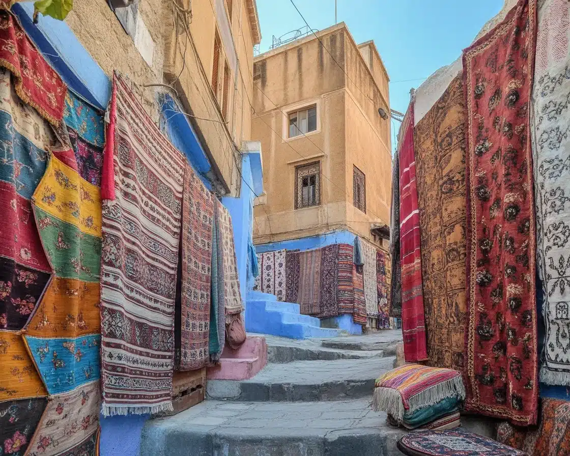 Colorful Moroccan souvenirs like rugs, argan oil, and pottery waiting to be purchased.