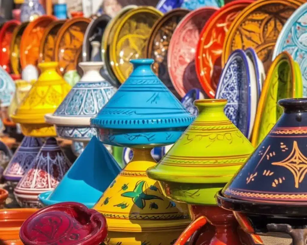 Vibrant Moroccan souks showcasing traditional crafts and local goods in Marrakech.