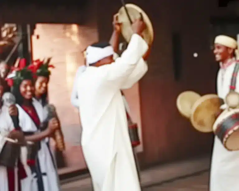 Colorful celebration at a Moroccan festival showcasing traditional music and culture.